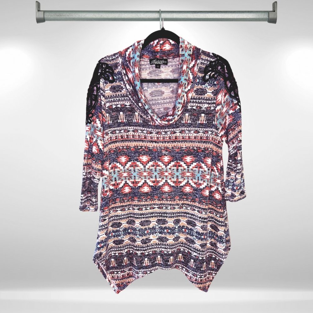 Absolutely Famous Blue & Orange Aztec Cowl Neck Knit Sweater, Lace Shoulders